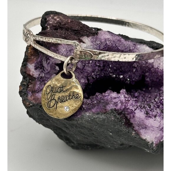 Brighton Art and Soul Silver Plated Hammered Bangle Bracelet Just Breathe Charm - Picture 1 of 13